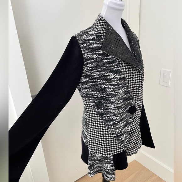 MINKAS Blazer Jacket Houndstooth Knit Faux Leather Lapel Patchwork Trapeze Cut - Picture 7 of 15